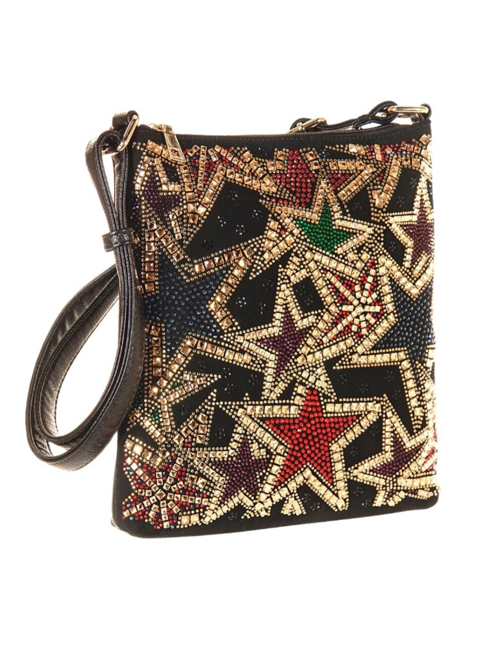 Black Faux Leather Rhinestone Star Design Crossbody Bag